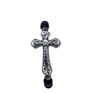 Silver Tone, Black & Clear Rhinestone Beaded Cross Stretch Bracelet (5495)